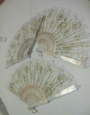 lot of 3 Bright White Gold Roses Lace Fan Plastic Base Theatrcial Dance Item