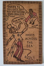 1907 H/C LEATHER PC SATIRICAL HANDS ACROSS THE SEA UNCLE SAM & JOHN BULL POSTAL