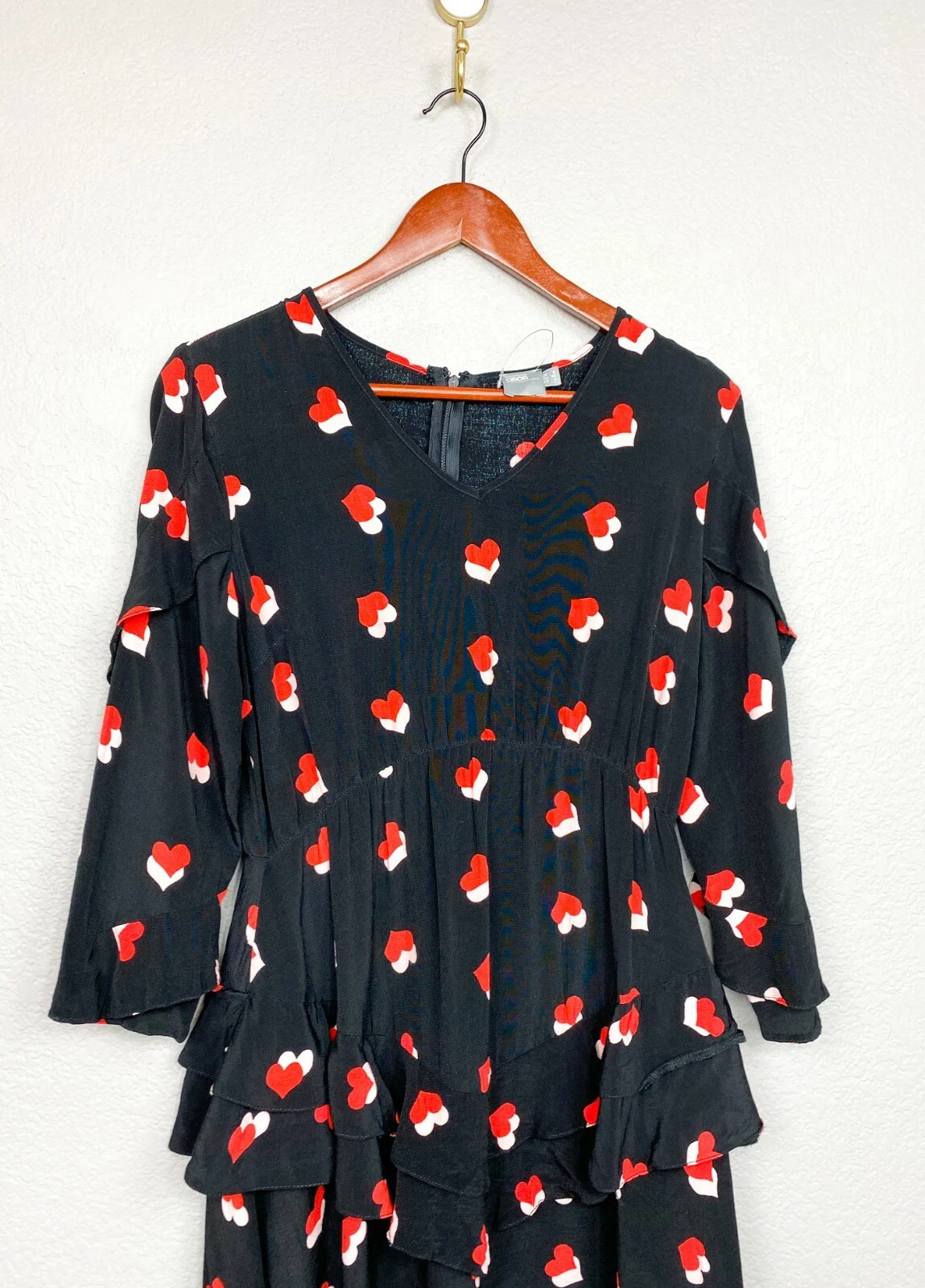 VALENTINO Asos Size 4 Black Ruffle Dress w Red & Pink Hearts Valentine's Day Dress