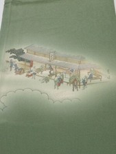 4J01z70 Japanese Kimono Silk FABRIC Edo era scenery Grass green 42.5x14.2