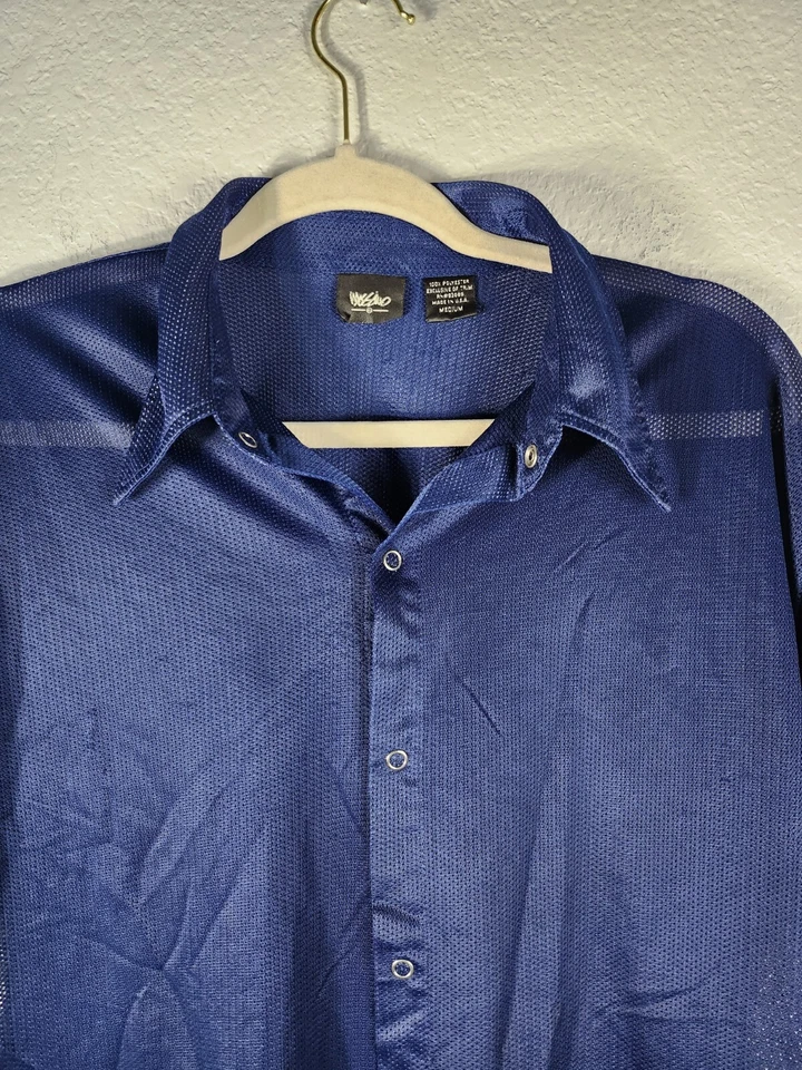 Mossimo Shirt Mens M Jersey Mesh Blue Snap Button Up Short Sleeve Y2K 100% Poly - Image 2 of 4