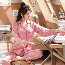 Women Satin Nightwear Long Sleeve Shirt Pants Casual Sleepwear Pajamas Fashion