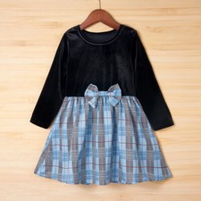 Girls Long Sleeve Autumn and Winter Velvet Dress Round Neck A-Line