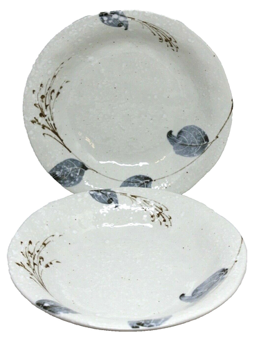 2 Signed Art Pottery Bowls Blue Leaf 8 3/8" Diameter Shallow Soup Salad