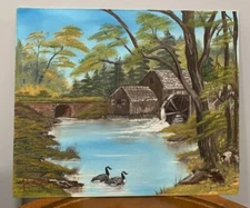 Original Oil Painting Old Mill with Water Wheel Landscape Signed Ringen