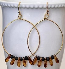 Gold Hoop with Tortoise Teardrop Dangle Earrings. Boho Chic