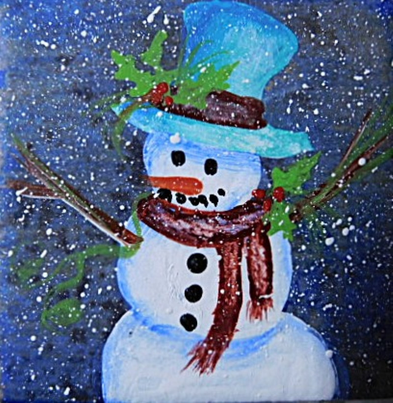Hand Painted Snowman Blue Hat Holly Leaves Ceramic Tile Magnet Art by Rain Crow