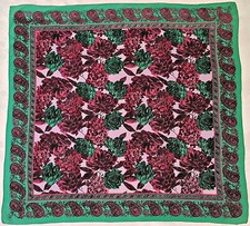 VINTAGE AUTHENTIC FLORAL ART ROSES GREEN PURPLE PINK SILK 33" SQUARE SCARF