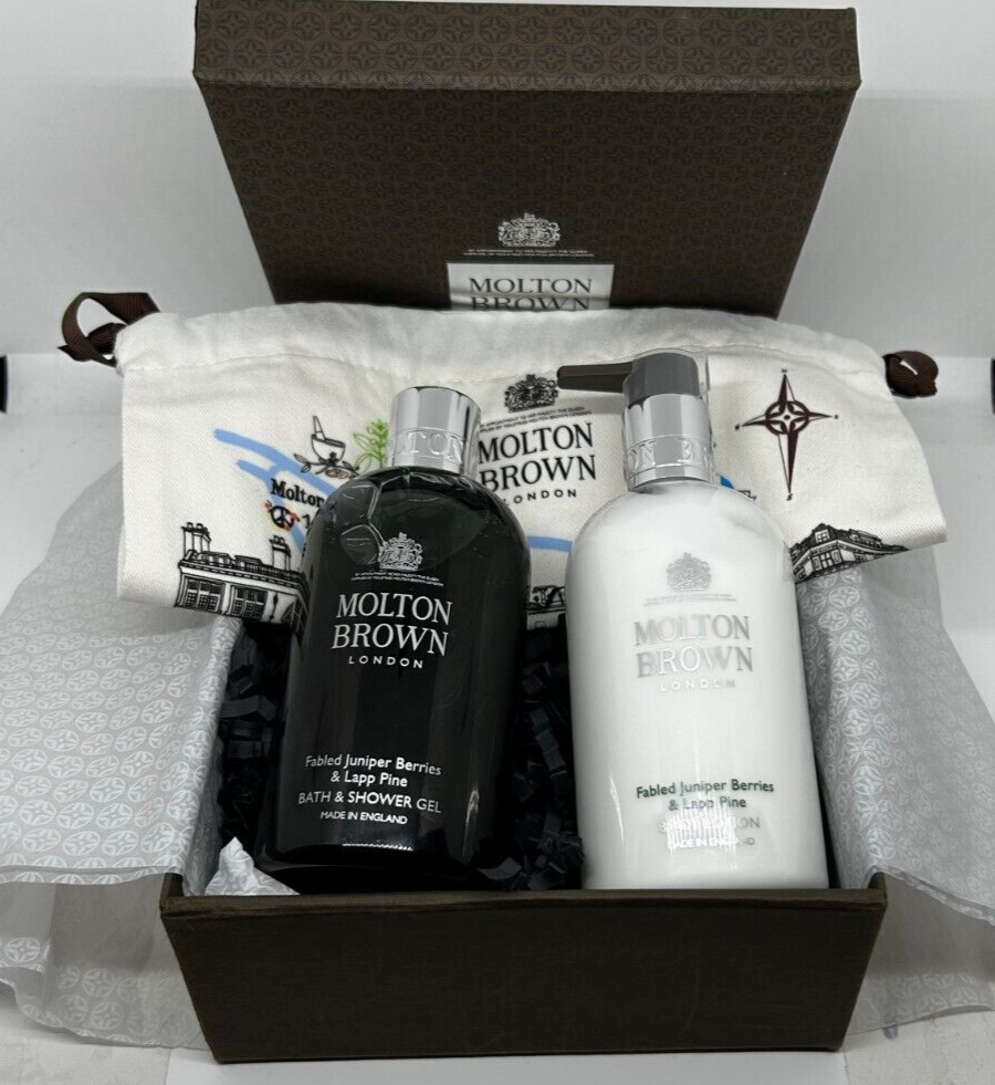 MOLTON BROWN Fabled Juniper Lapp Pine Bath & Body Lotion Cotton Bag