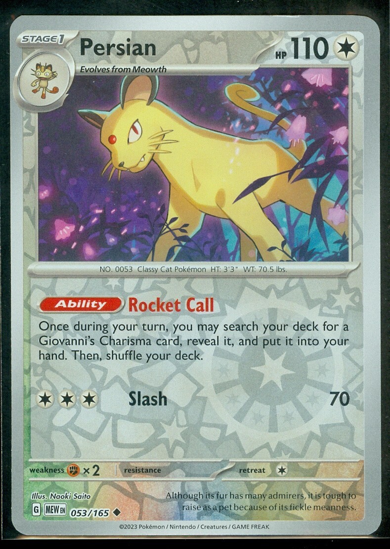 Pokemon PERSIAN 053/165 Pokemon 151 - Rev Holo - - MINT