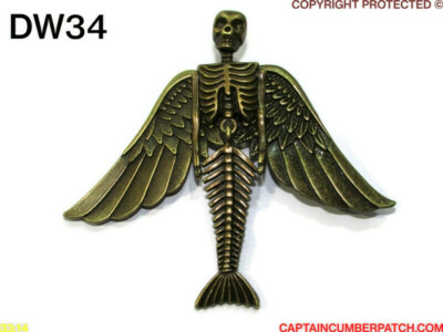 steampunk gothic pin badge brooch bronze wings mermaid skeleton skull #DW34