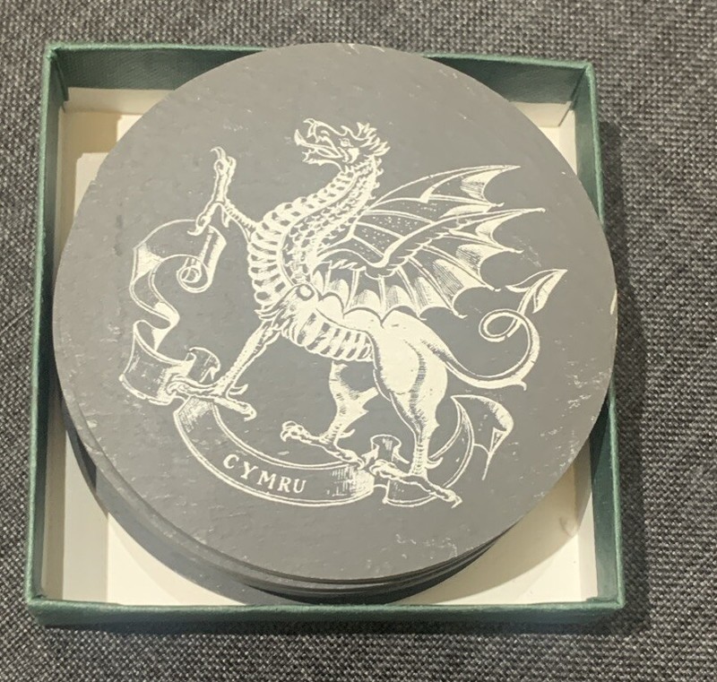 Six Welsh Slate Dragon Cymru Coasters - Chwech Mat Gwin O Lechen Cymraeg