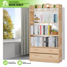 34"Wooden 6-Layer [BOOKCASE+DUAL DRAWER] Bedroom Open Shelving Book Storage Rack