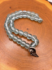 925 Sterling Silver Rose Pale Blue Frosted Sea Glass Beaded 18" Necklace