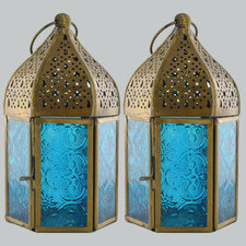 Iron Lanterns - Brass Antique Blue Glass - Set Of 2
