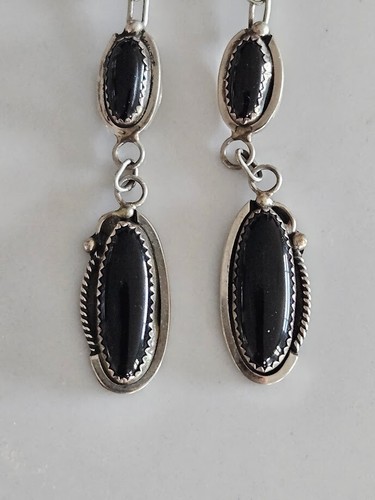 Native American Sterling Silver Jason Livingston Navajo Onxy Dangling Earrings - Picture 3 of 5