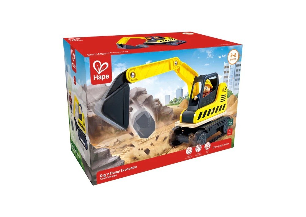 Hape Bagger - Baustellenfahrzeug und Fahrzeugspielzeug, Lernspielzeug und Rollenspiel, 360° drehbaren Korpus, Einer beweglichen Schaufel und realistischen Gummirädern, für Kinder ab 24 Monaten - Bild 2