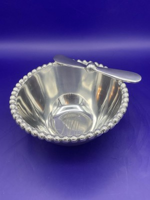 Mud Pie Aluminum Silver Dip Bowl With Spreader Initial M Bottom Of Bowl NIB
