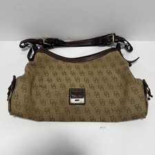 Dooney Bourke DB Monogram Tan Brown Canvas Leather Shoulder Bag Hobo Purse