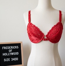 Vintage Fredericks of Hollywood 34DD Bra Red Lace Satin Second Skin Unlined