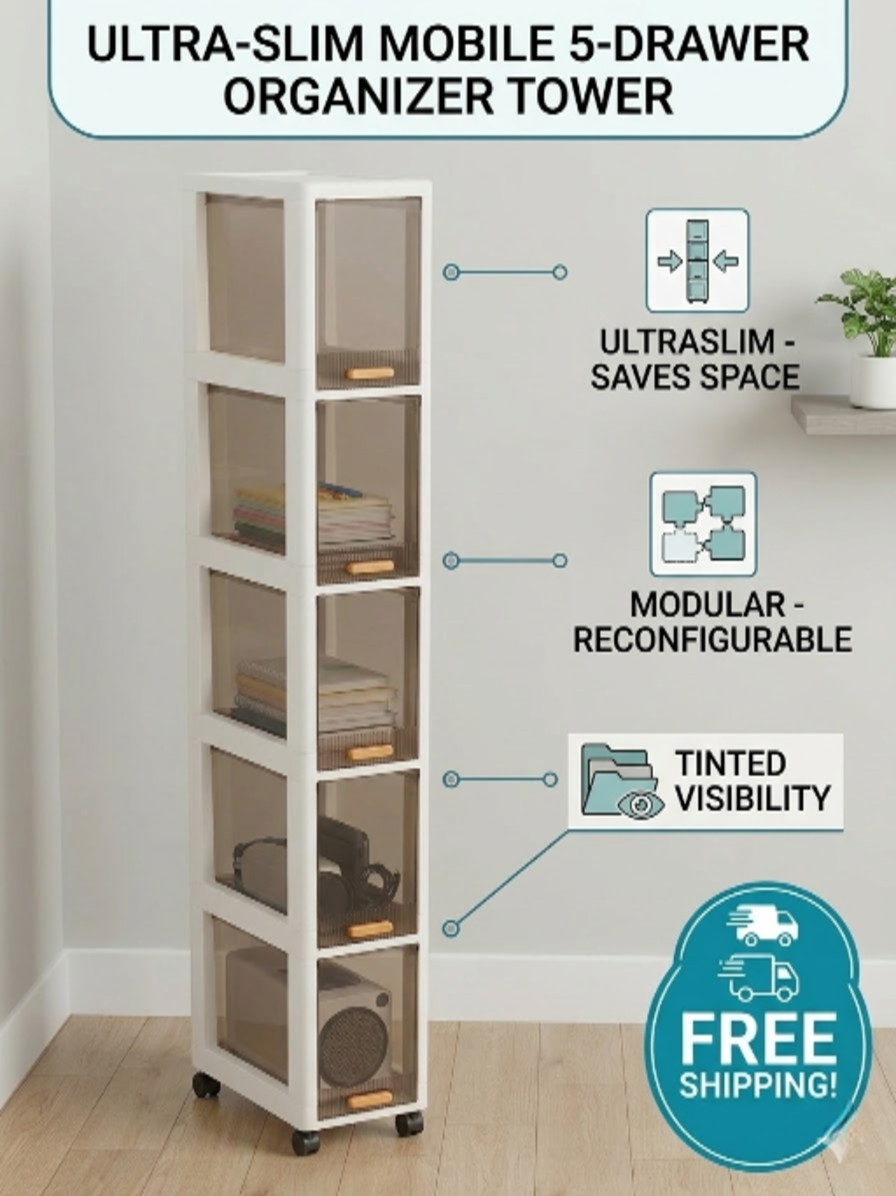 Narrow 5 Drawer Storage Cabinet Slim Rolling Cart Organiser Unit Free Delivery