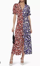 RIXO Ariel Silk Midi Dress Colorblock Floral Puff Sleeve Red Purple Wedding Sz M