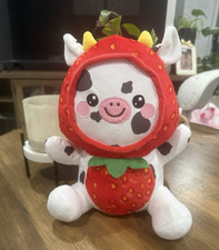 Strawberry Cow Plush Stuffed Animal Small 6-14in Washable Red White Black