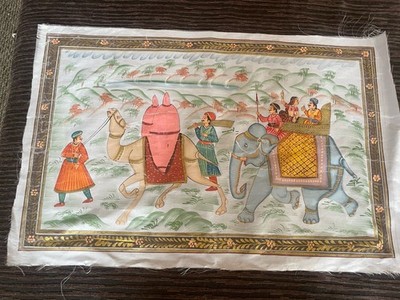 Large Vintage Indian Silk Painting: Royal Procession with Elephant & Camel