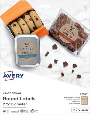 Avery 22808 Kraft Brown Round Labels 2.5'' 225 Printable Laser Inkjet