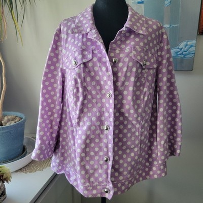 Christopher & Banks Purple Polka Dot Denim Jacket Women s 1X 3/4 Sleeve 