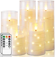 Flameless Candles with Star String Fairy Lights, Ivory, Set of 5 (4", 5", 6", 8"