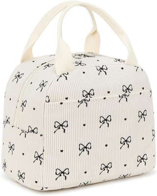 Cute Bow Tie Lunch Bag for Girls, Ivory Corduroy Insulated Lunch Bag for Two-Mea