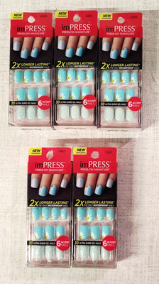 Kiss Impress Press-On 24 Nails  JIVE Aqua Glitter w/ Daisy Flower LOT OF 5