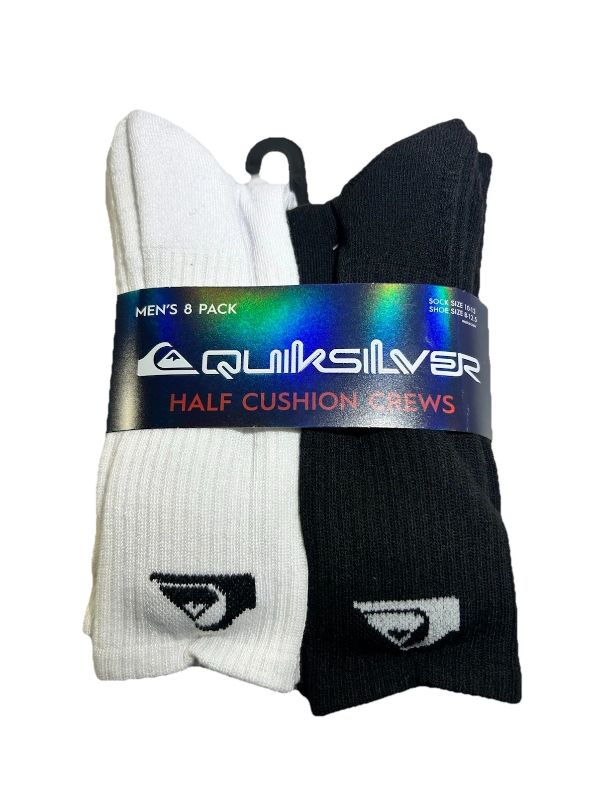 New Quiksilver 8 Pack Black and White Half Cushioned Crew Socks Size 8-12.5