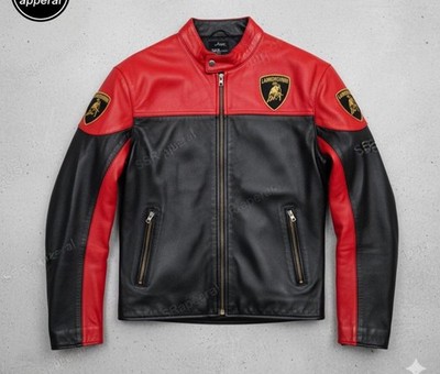 Handmade Luxury Lamborghini Racing Leather Jacket Motorsport Biker Bomber Coat