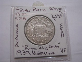 1939 Florin RARE KEY DATE Silver 11.3 Gram Silver 92.5% Australia Coin #39.VFA