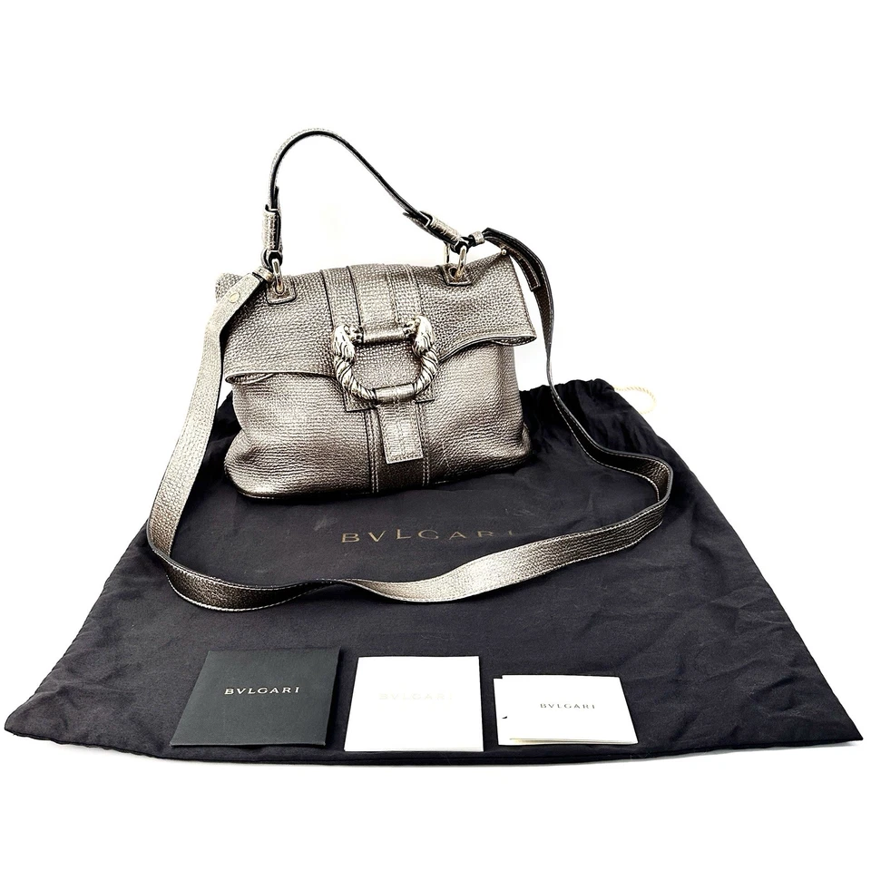 Bvlgari Leoni Bolso de Mano de Cuero Dorado Auténtico de JAPÓN Foto 2 de 4