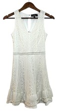 Lulus White Ivory Lace VNeck Sleeveless Mini Dress Ruffle Skater Keyhole Back XS