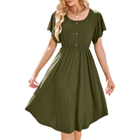 Damen Midi-Kleid Mit Taschen Sommerkleid VolantäRmel KnöPfe GrüN Gr. L