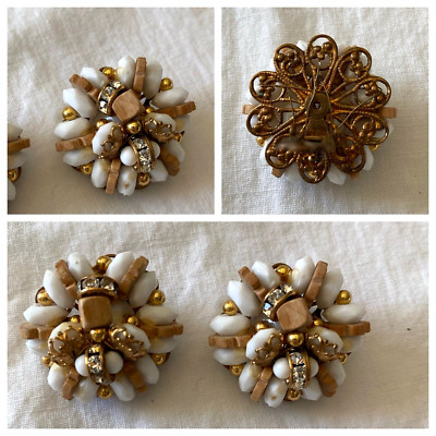 VTG CLUSTERED  FACETED MILK GLASS WOOD & AB CLIP-ON EARRINGS HASKELL ? ROBERT ?