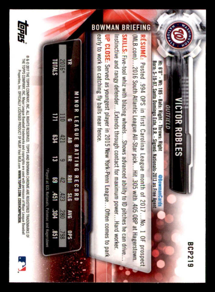 2017 Bowman Chrome Prospects #BCP219 Victor Robles - Image 2 of 2