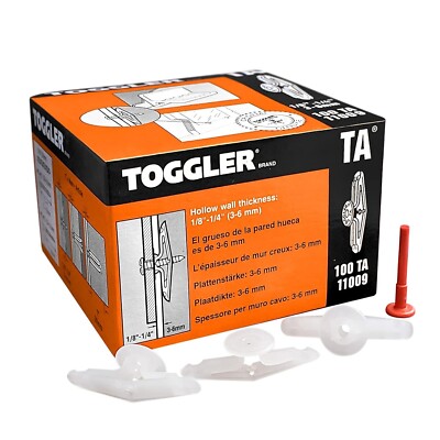 TOGGLER  11009 1/8  - 1/4  Grip Range Hollow-Door Anchors (Pack of 100)