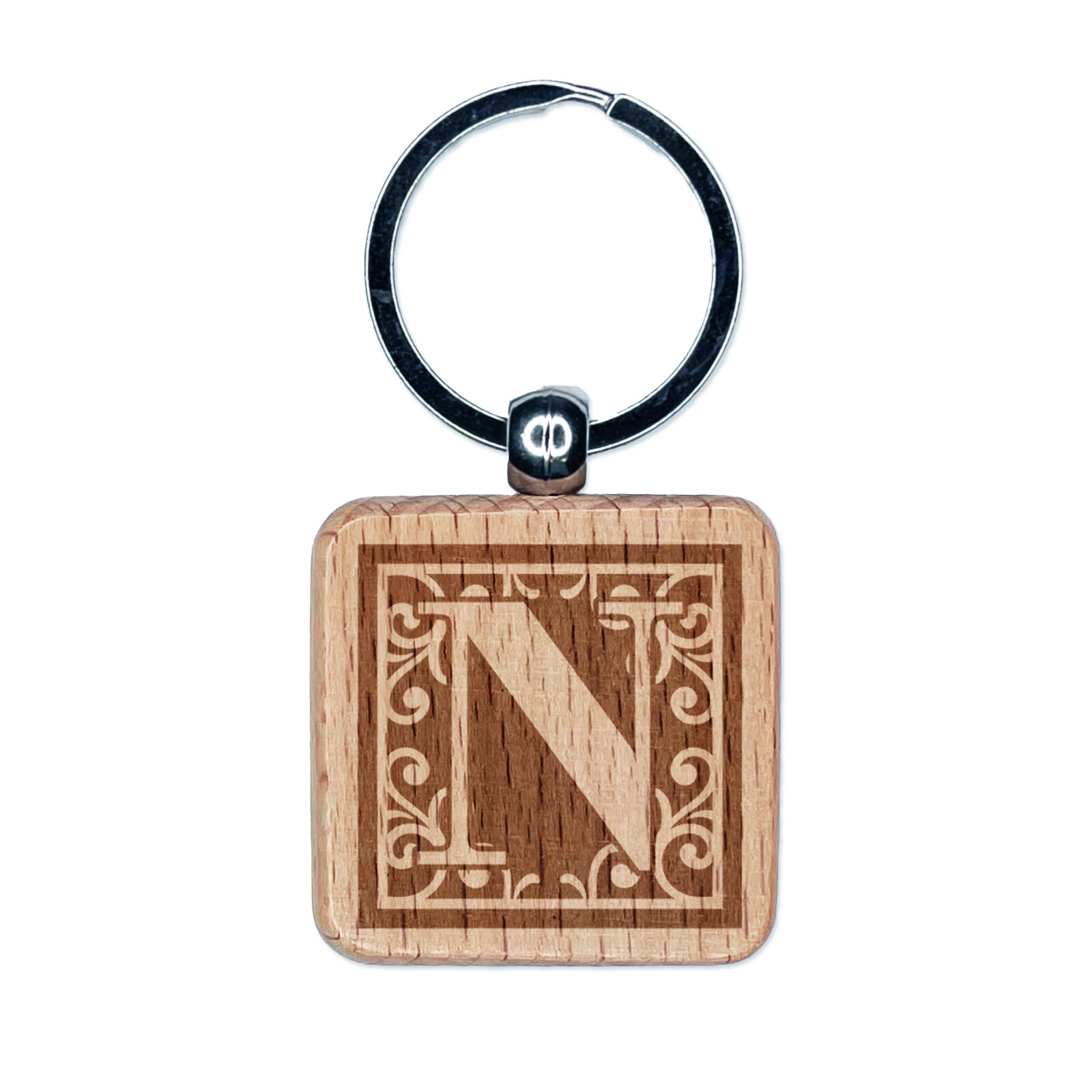 Monogram Swirls Engraved Wood Keychain Charm Capital Letter N  