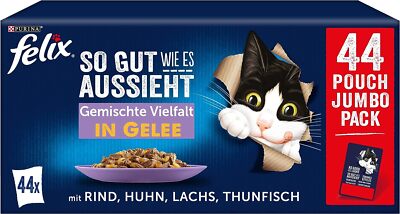 FELIX Katzenfutter nass in Gelee Rind Huhn Lachs Thunfisch Sorten-Mix 44 x 85g