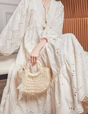 Retro Holiday Hollow Out Women's Korean Long V-neck A-line Dress Long Sleeve