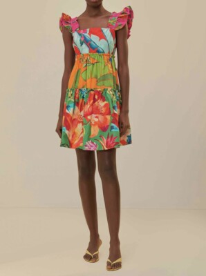 farm rio foliage mix mini dress FARM Rio Golden Foliage Black Mini Puffy Sleeve Dress