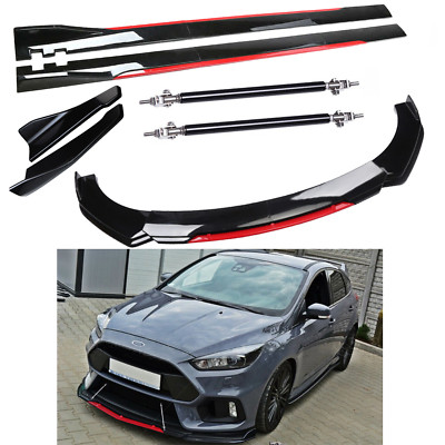 Front Bumper Lip Splitter + Side Skirt Glossy Black +Red For Ford Focus J+