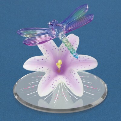 Colorful Dragonfly and Lavender Lily w/ Base Glass Figurine
