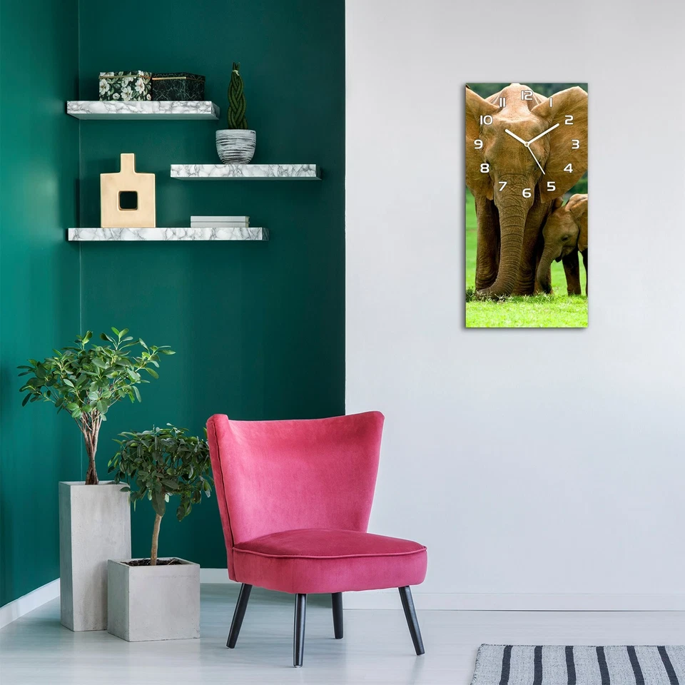 Wanduhr Glasuhr 30x60 Küchenuhr Echt-Glas Elefantenmutter mit Baby Afrika - Bild 2 von 4
