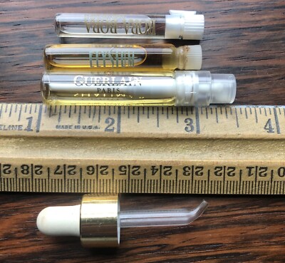 Vials GUERLAIN Shalimar, ELYSIUM Clar, BORA BORA, TOOL Perfume Transfer PUMP vtg